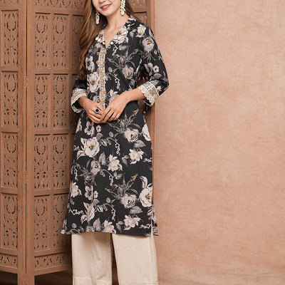 Floral Printed & Mirror Zari Embroidered Straight Fit Kurta - Black