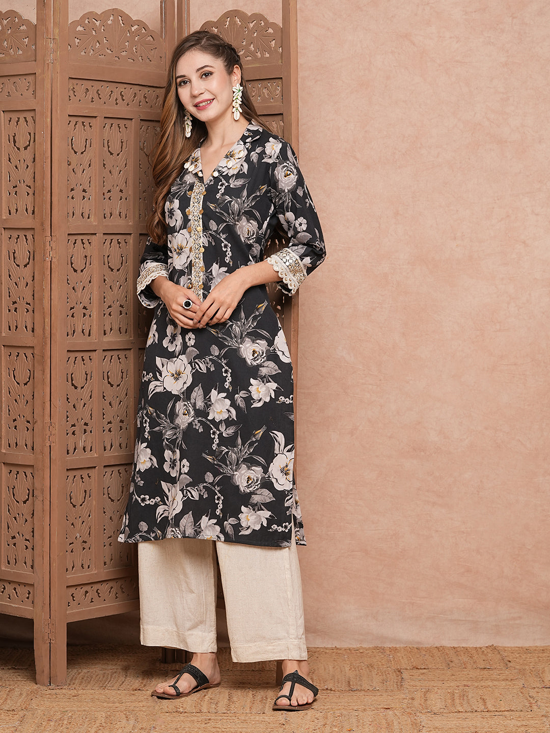 Floral Printed & Mirror Zari Embroidered Straight Fit Kurta - Black