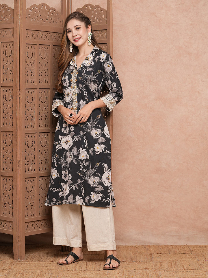 Floral Printed & Mirror Zari Embroidered Straight Fit Kurta - Black