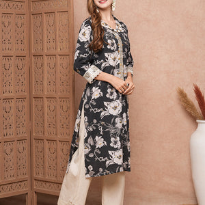 Floral Printed & Mirror Zari Embroidered Straight Fit Kurta - Black