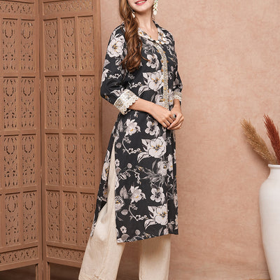 Floral Printed & Mirror Zari Embroidered Straight Fit Kurta - Black