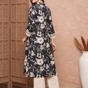 Floral Printed & Mirror Zari Embroidered Straight Fit Kurta - Black