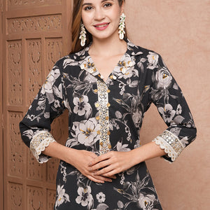 Floral Printed & Mirror Zari Embroidered Straight Fit Kurta - Black