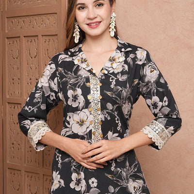 Floral Printed & Mirror Zari Embroidered Straight Fit Kurta - Black