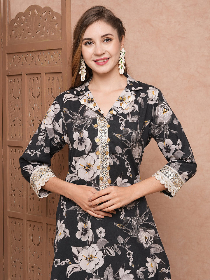 Floral Printed & Mirror Zari Embroidered Straight Fit Kurta - Black