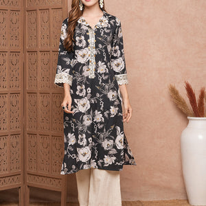 Floral Printed & Mirror Zari Embroidered Straight Fit Kurta - Black