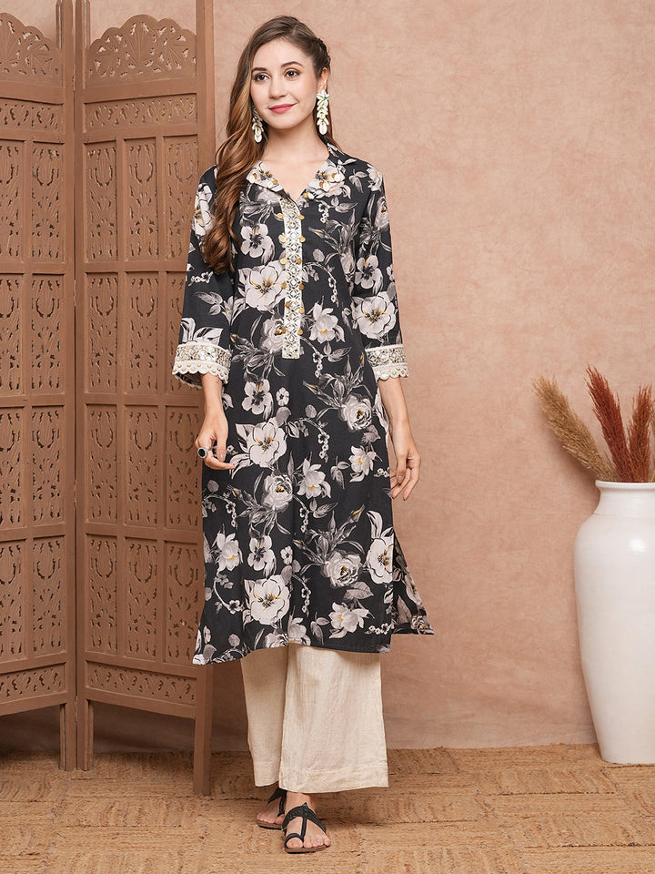 Floral Printed & Mirror Zari Embroidered Straight Fit Kurta - Black