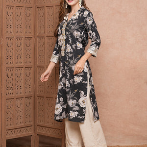 Floral Printed & Mirror Zari Embroidered Straight Fit Kurta - Black
