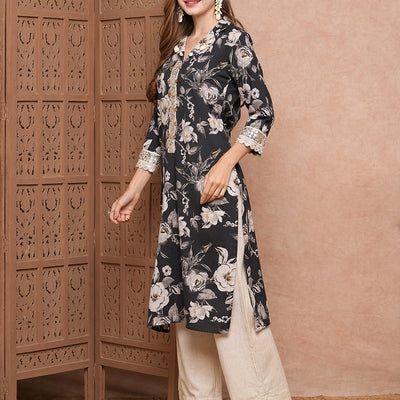 Floral Printed & Mirror Zari Embroidered Straight Fit Kurta - Black