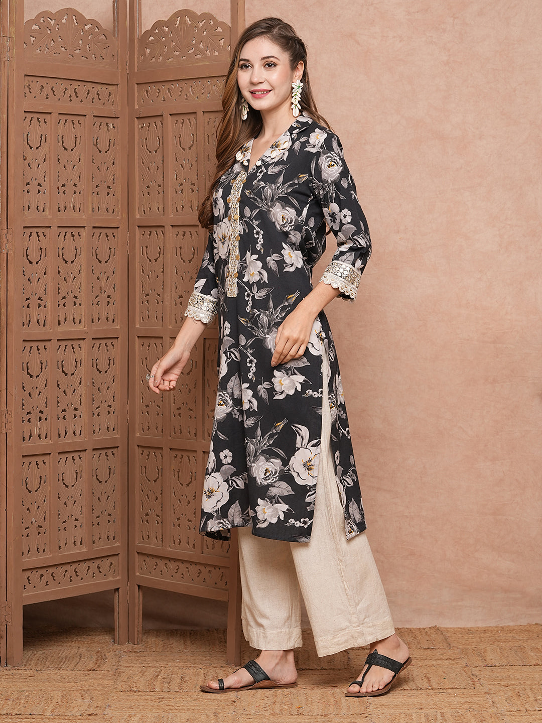 Floral Printed & Mirror Zari Embroidered Straight Fit Kurta - Black