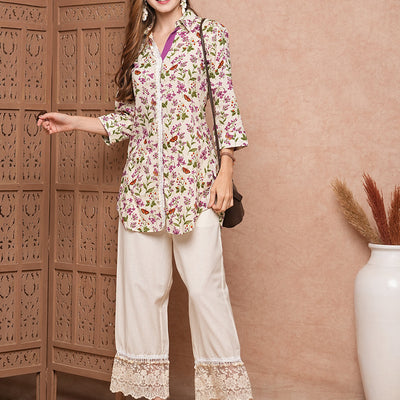 Floral & Butterfly Printed Straight Fit Co-ord Set - Off White