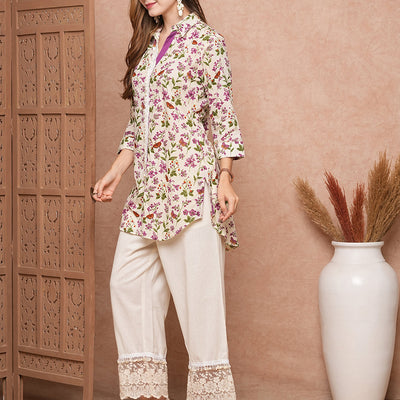 Floral & Butterfly Printed Straight Fit Co-ord Set - Off White