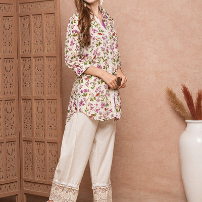 Floral & Butterfly Printed Straight Fit Co-ord Set - Off White