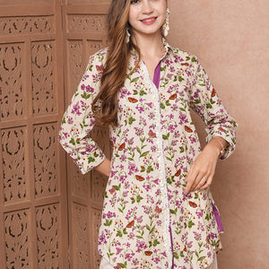 Floral & Butterfly Printed Straight Fit Co-ord Set - Off White