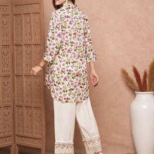 Floral & Butterfly Printed Straight Fit Co-ord Set - Off White