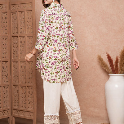 Floral & Butterfly Printed Straight Fit Co-ord Set - Off White