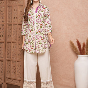 Floral & Butterfly Printed Straight Fit Co-ord Set - Off White