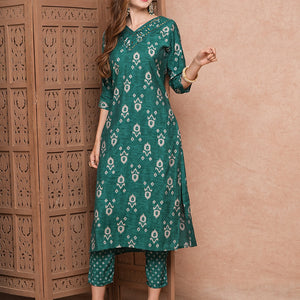 Ethnic Printed Mirror & Resham Embroidered Kurta with Pants - Green