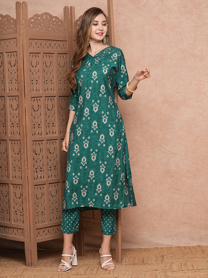 Ethnic Printed Mirror & Resham Embroidered Kurta with Pants - Green