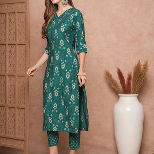 Ethnic Printed Mirror & Resham Embroidered Kurta with Pants - Green