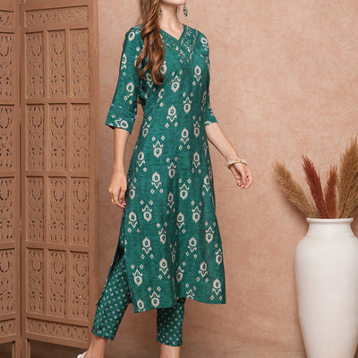 Ethnic Printed Mirror & Resham Embroidered Kurta with Pants - Green