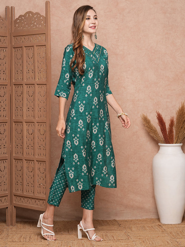 Ethnic Printed Mirror & Resham Embroidered Kurta with Pants - Green