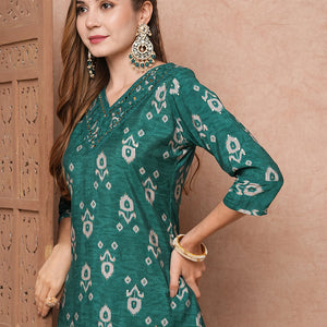 Ethnic Printed Mirror & Resham Embroidered Kurta with Pants - Green