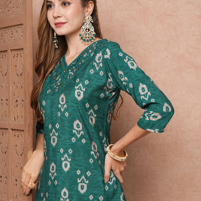 Ethnic Printed Mirror & Resham Embroidered Kurta with Pants - Green