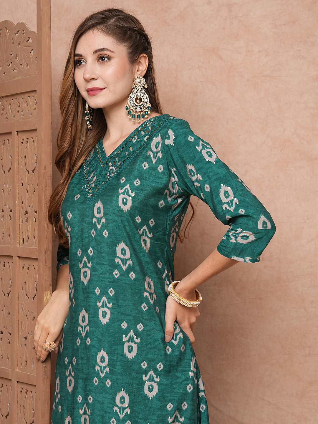 Ethnic Printed Mirror & Resham Embroidered Kurta with Pants - Green