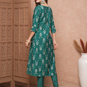 Ethnic Printed Mirror & Resham Embroidered Kurta with Pants - Green