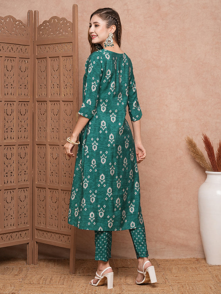 Ethnic Printed Mirror & Resham Embroidered Kurta with Pants - Green