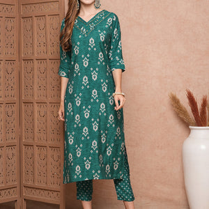Ethnic Printed Mirror & Resham Embroidered Kurta with Pants - Green