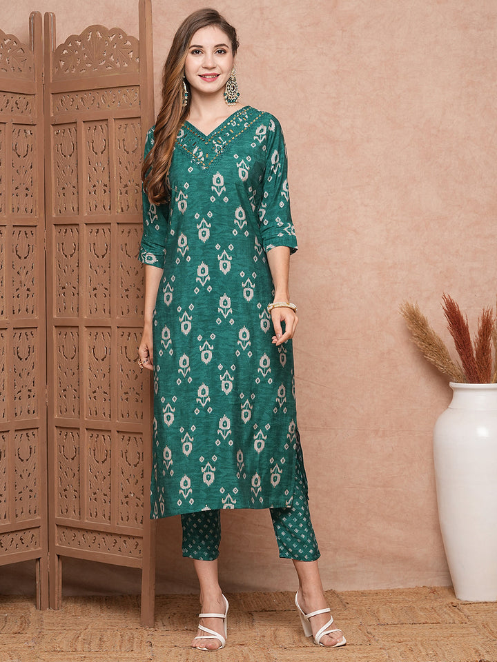 Ethnic Printed Mirror & Resham Embroidered Kurta with Pants - Green