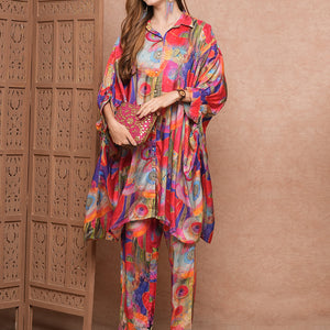 Abstract Printed Sequins Embellished Kaftan Style Kurta with Pants Co-ord Set - Multi