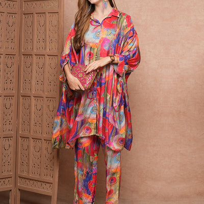 Abstract Printed Sequins Embellished Kaftan Style Kurta with Pants Co-ord Set - Multi
