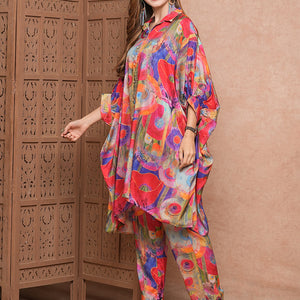 Abstract Printed Sequins Embellished Kaftan Style Kurta with Pants Co-ord Set - Multi