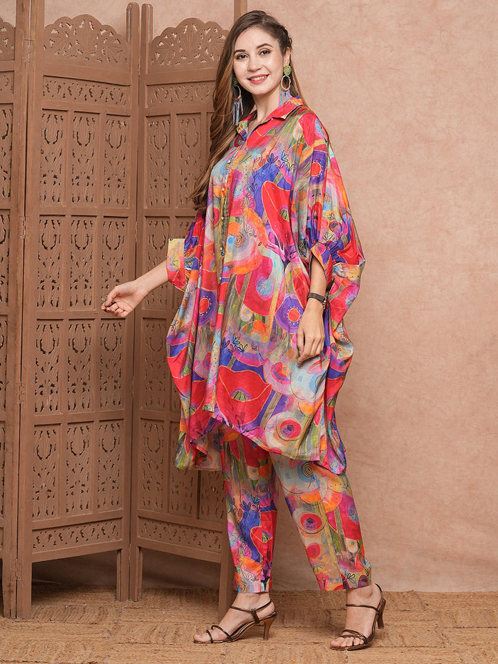 Abstract Printed Sequins Embellished Kaftan Style Kurta with Pants Co-ord Set - Multi