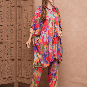 Abstract Printed Sequins Embellished Kaftan Style Kurta with Pants Co-ord Set - Multi