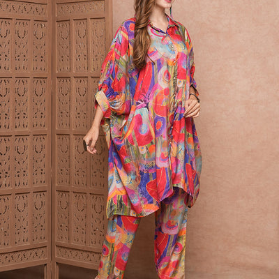 Abstract Printed Sequins Embellished Kaftan Style Kurta with Pants Co-ord Set - Multi