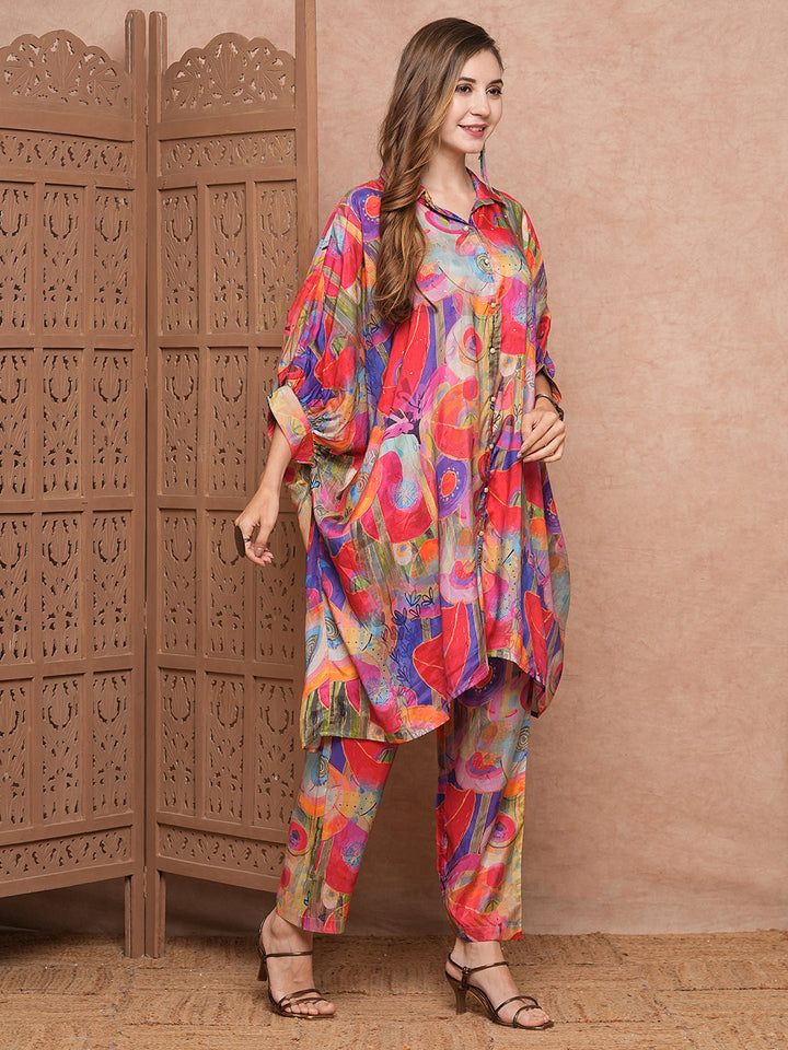 Abstract Printed Sequins Embellished Kaftan Style Kurta with Pants Co-ord Set - Multi