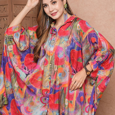 Abstract Printed Sequins Embellished Kaftan Style Kurta with Pants Co-ord Set - Multi