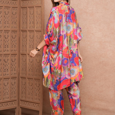 Abstract Printed Sequins Embellished Kaftan Style Kurta with Pants Co-ord Set - Multi