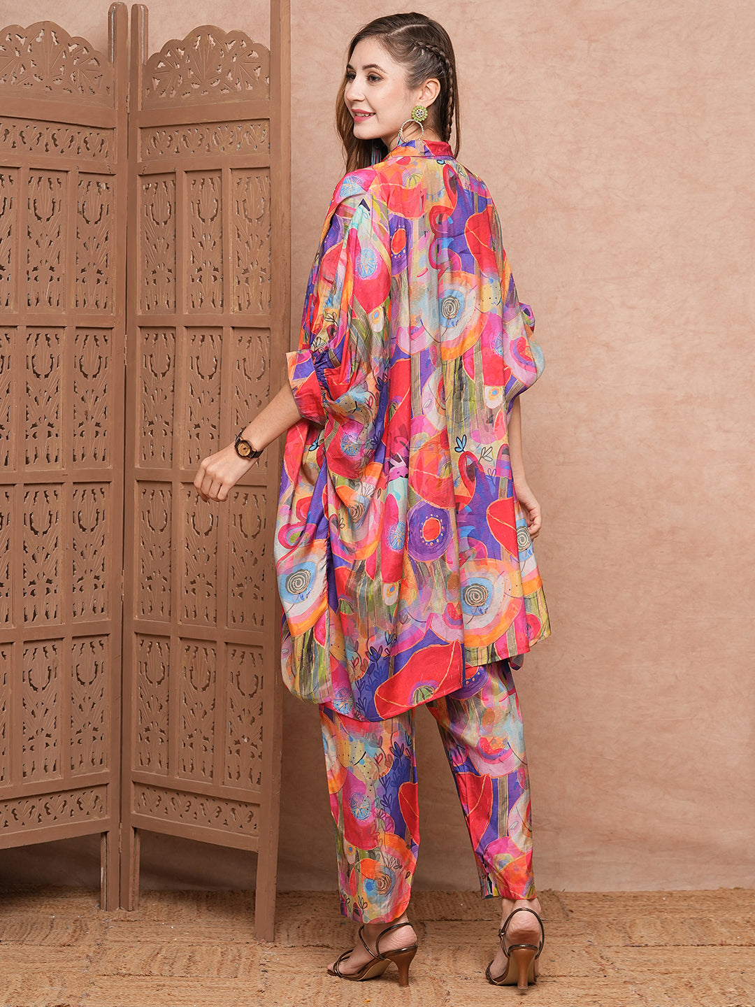 Abstract Printed Sequins Embellished Kaftan Style Kurta with Pants Co-ord Set - Multi