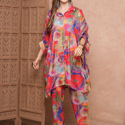 Abstract Printed Sequins Embellished Kaftan Style Kurta with Pants Co-ord Set - Multi