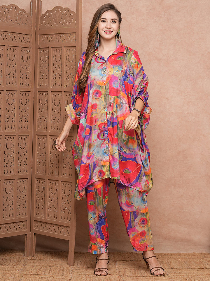 Abstract Printed Sequins Embellished Kaftan Style Kurta with Pants Co-ord Set - Multi