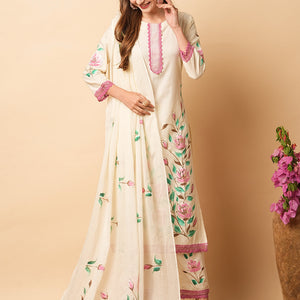 Floral Foil Hand Painted Straight Kurta with Pant & Pure Cotton Dupatta - Off White