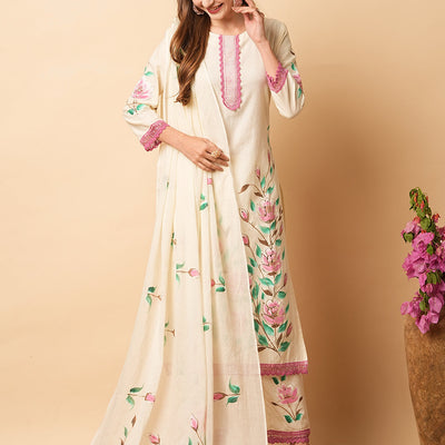 Floral Foil Hand Painted Straight Kurta with Pant & Pure Cotton Dupatta - Off White