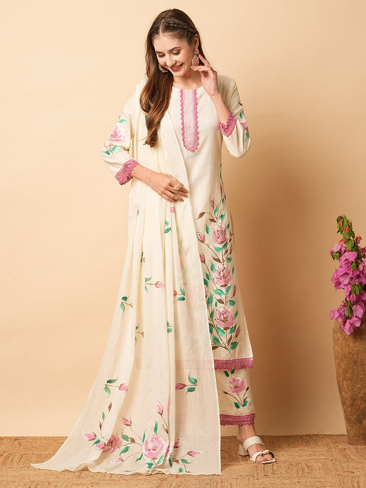 Floral Foil Hand Painted Straight Kurta with Pant & Pure Cotton Dupatta - Off White