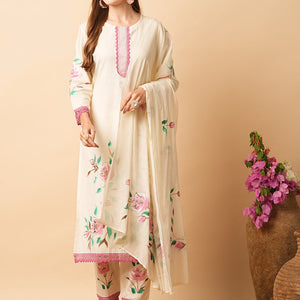 Floral Foil Hand Painted Straight Kurta with Pant & Pure Cotton Dupatta - Off White