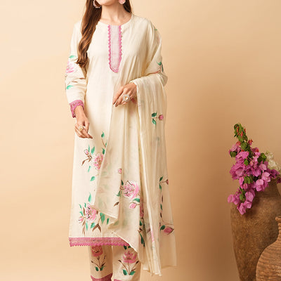 Floral Foil Hand Painted Straight Kurta with Pant & Pure Cotton Dupatta - Off White